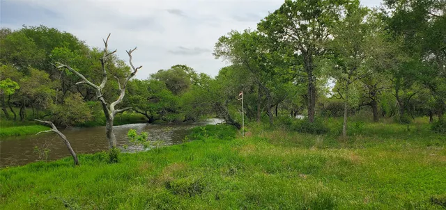 a view of a lake with a yard