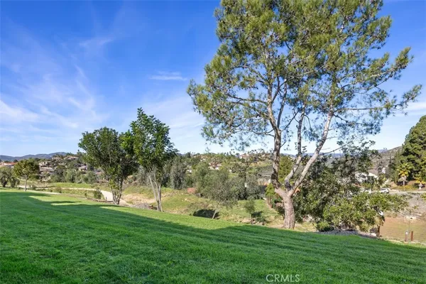 a view of a grassy field with trees around