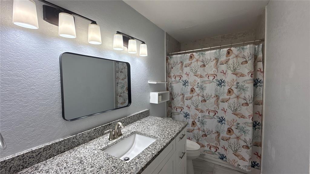 8106 Wichita Way Tampa, FL 33619 - Photo 15 of 21 a bathroom with a granite countertop sink a mirror and a shower