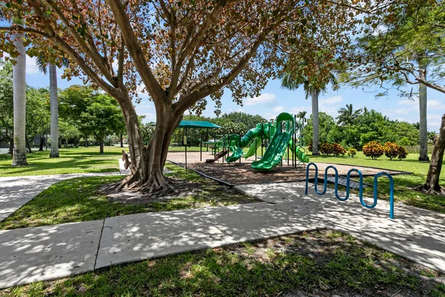 a view of a park with potted plants and palm trees