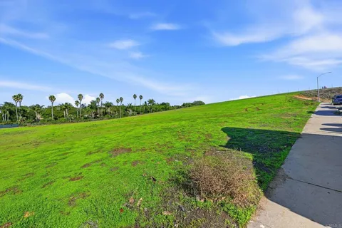 a view of a field with an trees in the background