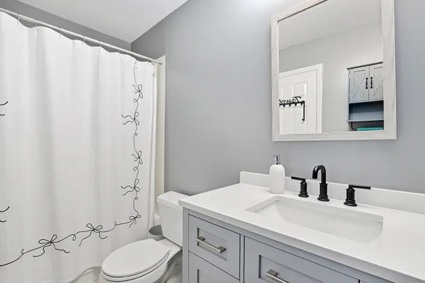 a bathroom with a sink a toilet and shower curtain