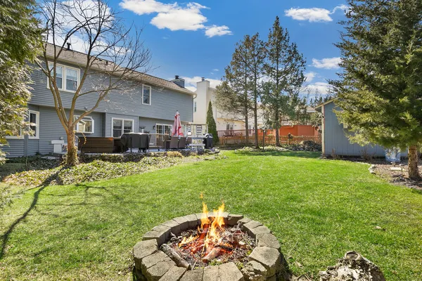 a backyard of a house with table and chairs plants and large tree
