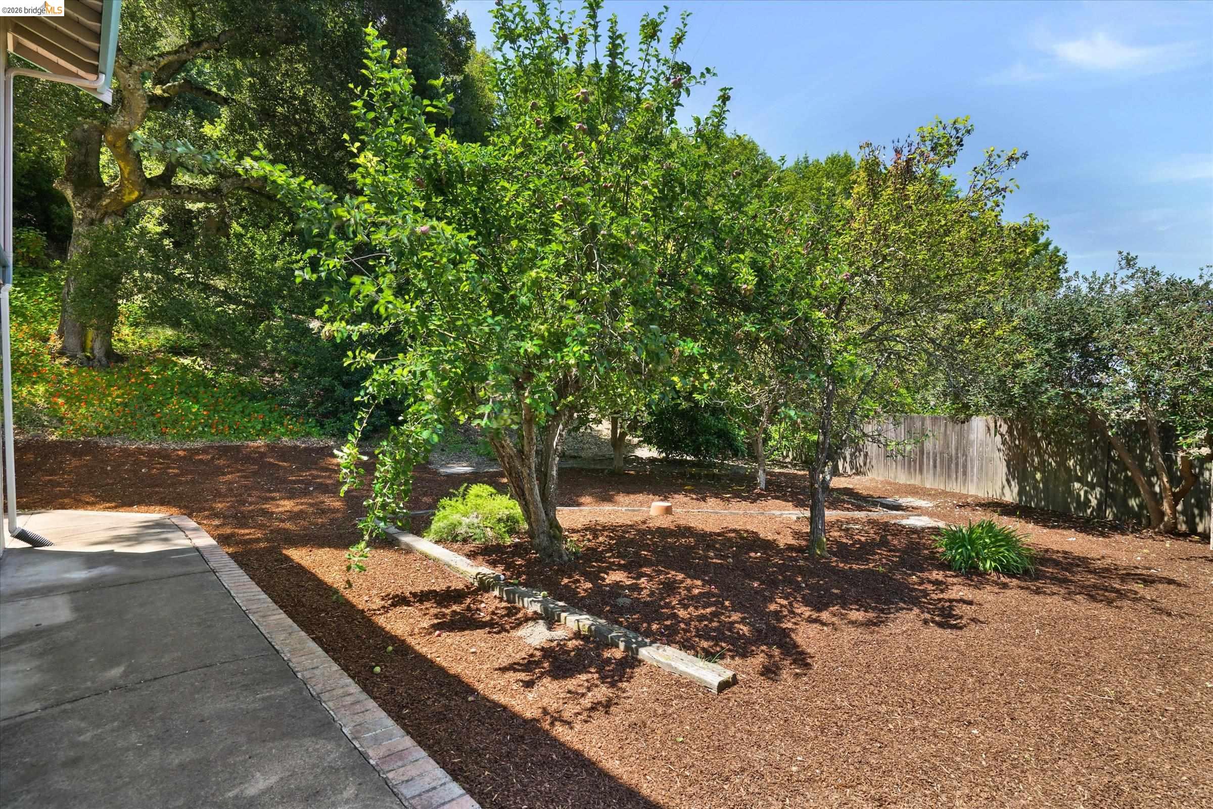2826 Wright Avenue Pinole, CA 94564 - Photo 55 of 70 Landscaped area featuring mature trees, wood chip ground cover, and a brick-edged concrete pathway
