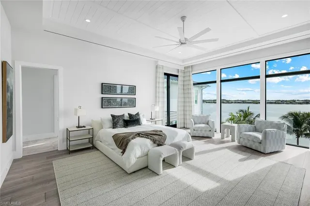 a spacious bedroom with a large bed and a large window