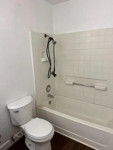 a bathroom with a toilet and a shower
