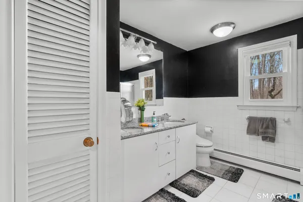 a bathroom with a sink toilet and mirror