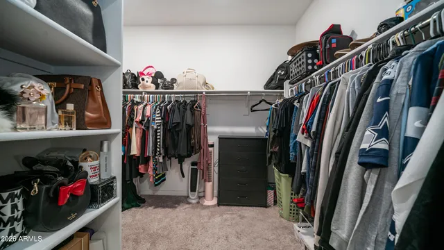 a view of walk in closet with clothes and shoes