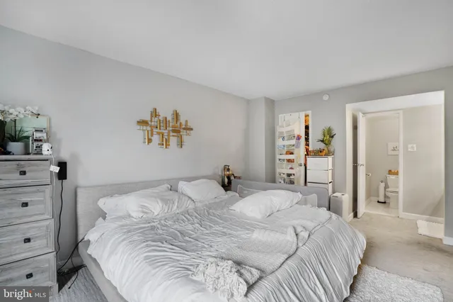 a bedroom with a bed and a closet