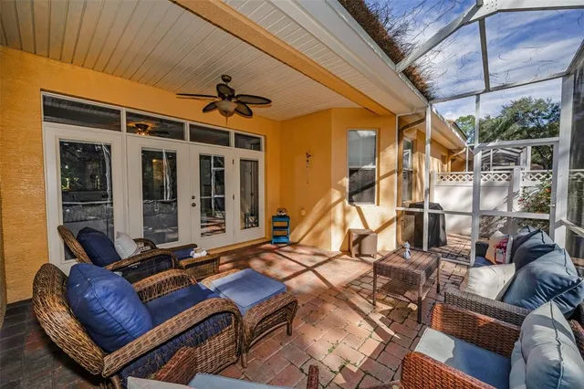 a view of balcony with wooden floor