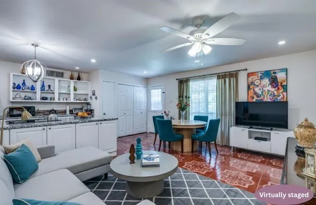 a view of a dining room with furniture