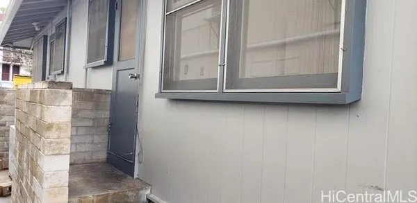 a bathroom with a glass door