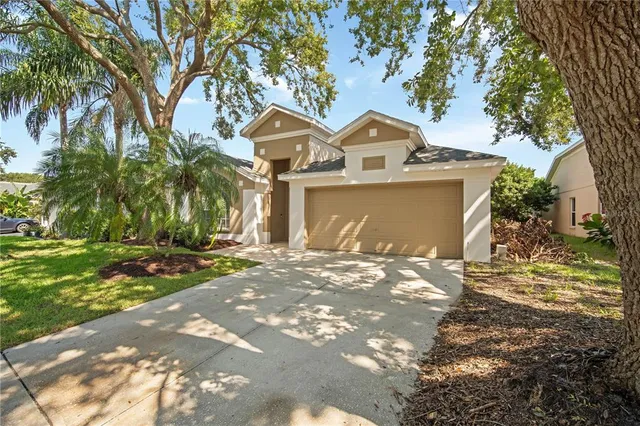 a view of a white house with a large tree