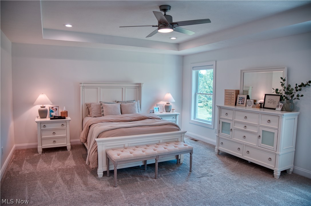 4553 Sharon Copley Road Medina, OH 44256 - Photo 8 of 32 Spacious bedroom featuring a tray ceiling with recessed lighting and a ceiling fan, plush carpet flooring, a large window, and crisp white walls
