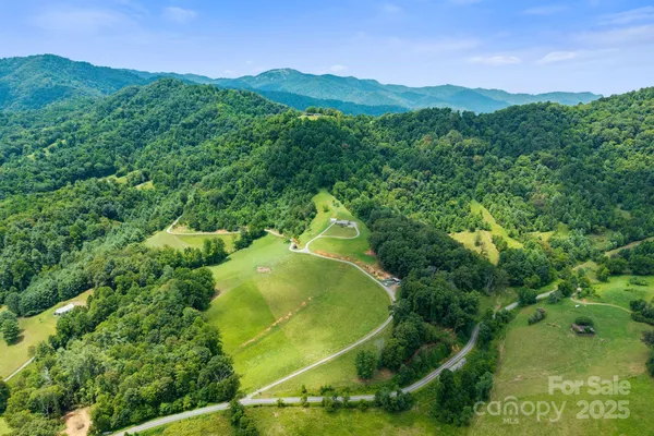 an aerial view of a residential houses with outdoor space and trees all around