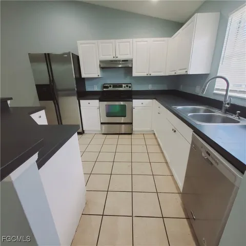 a kitchen with a sink a stove and cabinets