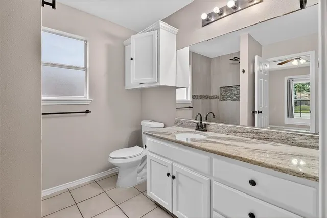 a bathroom with a granite countertop sink and a toilet