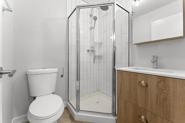 a bathroom with a shower a toilet and a sink