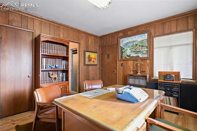 a view of a dining room with furniture