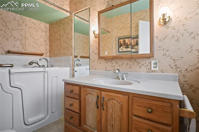 a bathroom with a sink and a mirror
