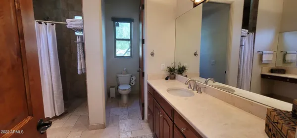 a bathroom with a sink a toilet and shower