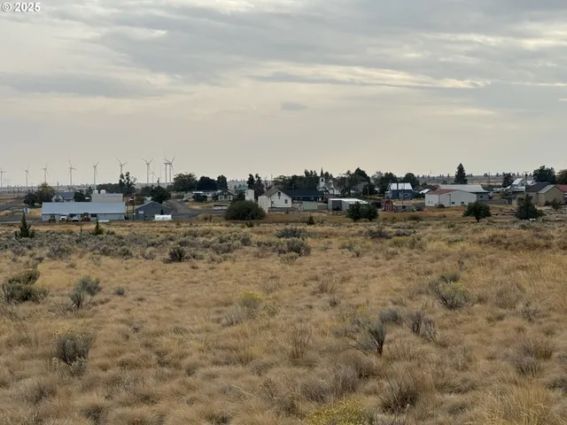 a view of a field with trees in background