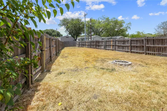 a view of a backyard with a large tree