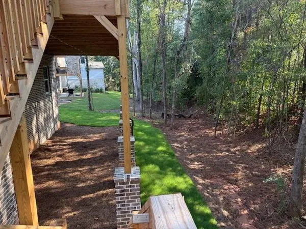 a view of a yard with plants and a pathway
