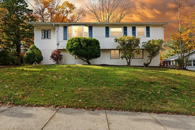 a front view of house with yard and green space