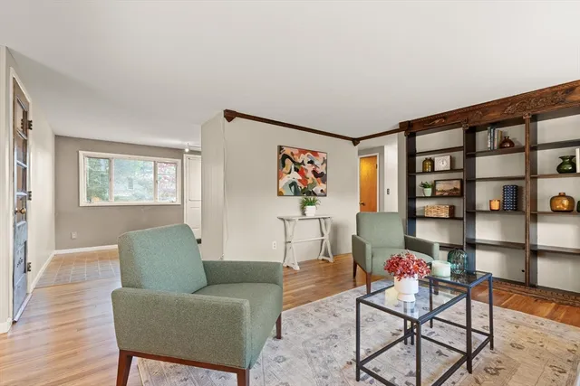 a living room with furniture a rug and a window