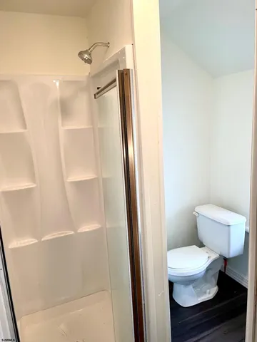 a bathroom with a toilet and a shower