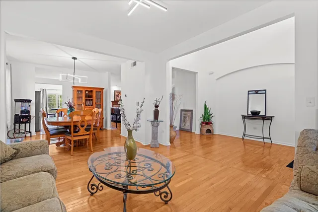 a living room with furniture a dining table and a potted plant
