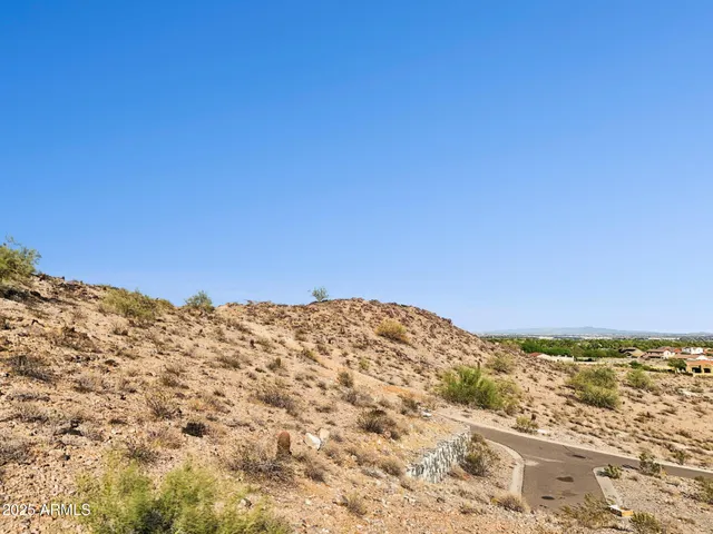 a view of a dry yard with mountains in the background