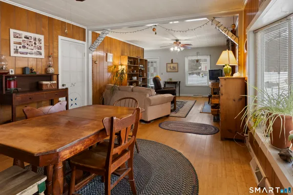 a view of a dining room with furniture