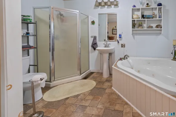 a bathroom with a bathtub and a toilet