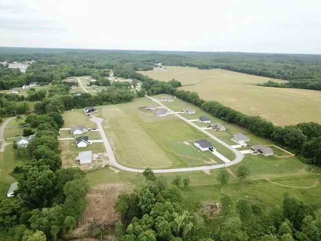an aerial view of residential houses with outdoor space and river