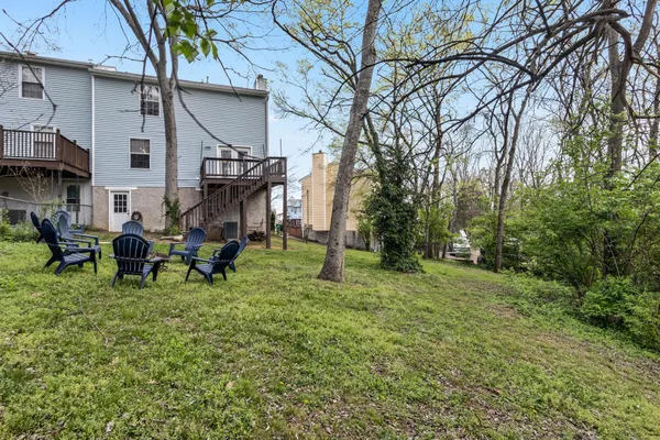 a backyard of a house with table and chairs
