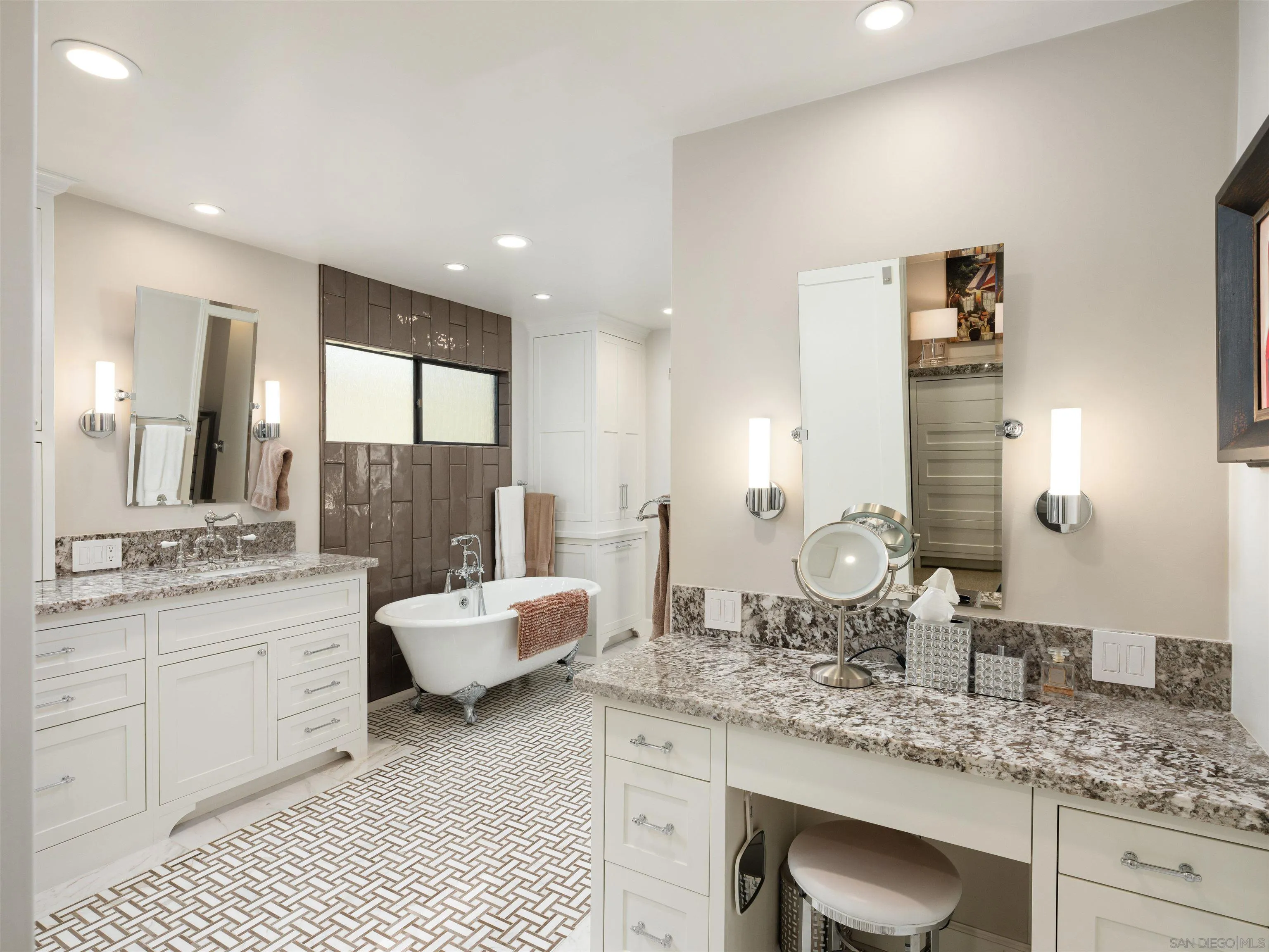 17136 El Mirador Rancho Santa Fe, CA 92067 - Photo 39 of 58 a bathroom with a granite countertop sink double and mirror
