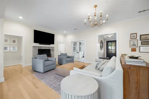 a living room with fireplace furniture and a flat screen tv
