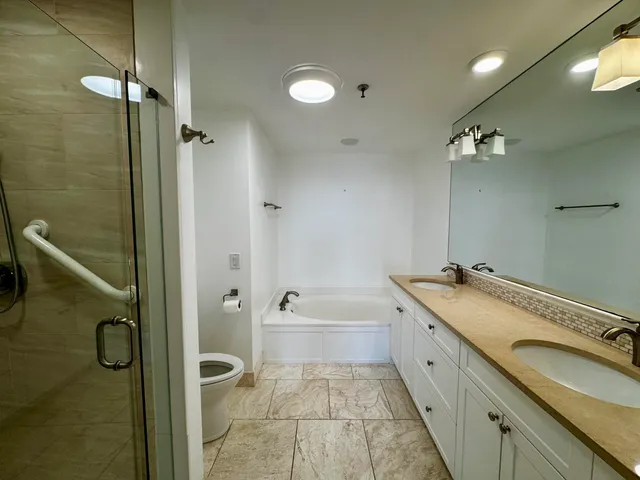 a bathroom with a granite countertop sink a toilet and shower