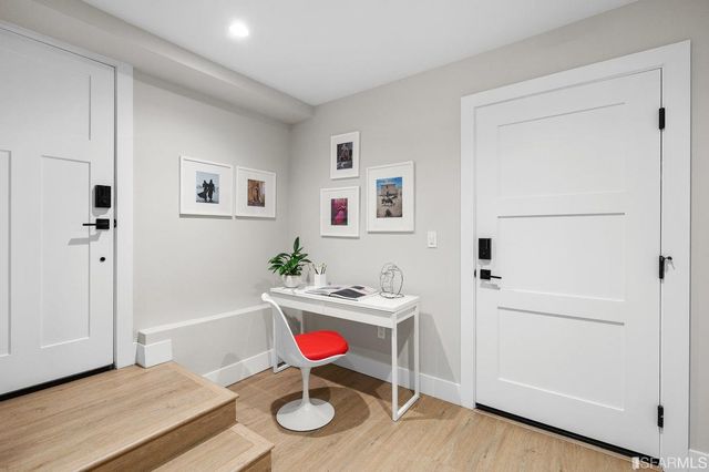 a view of a red door and door