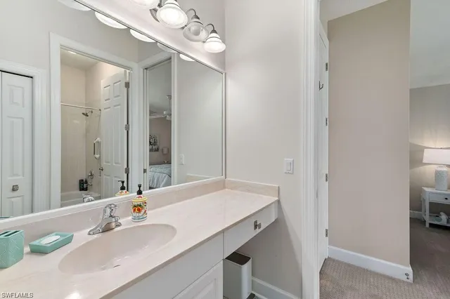 a bathroom with a sink vanity and a mirror