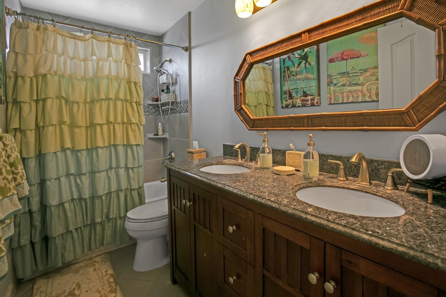 708 Coast Range Drive Scotts Valley, CA 95066 - Photo 27 of 37 a bathroom with a granite countertop double vanity sink mirror and toilet