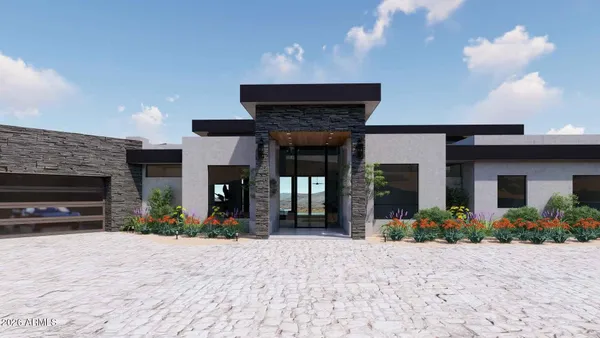 a view of a house with potted plants in front of door