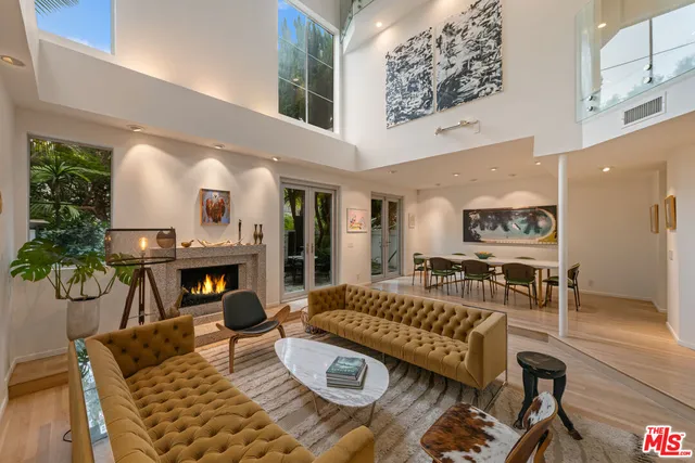 a living room with furniture a fireplace and a potted plant