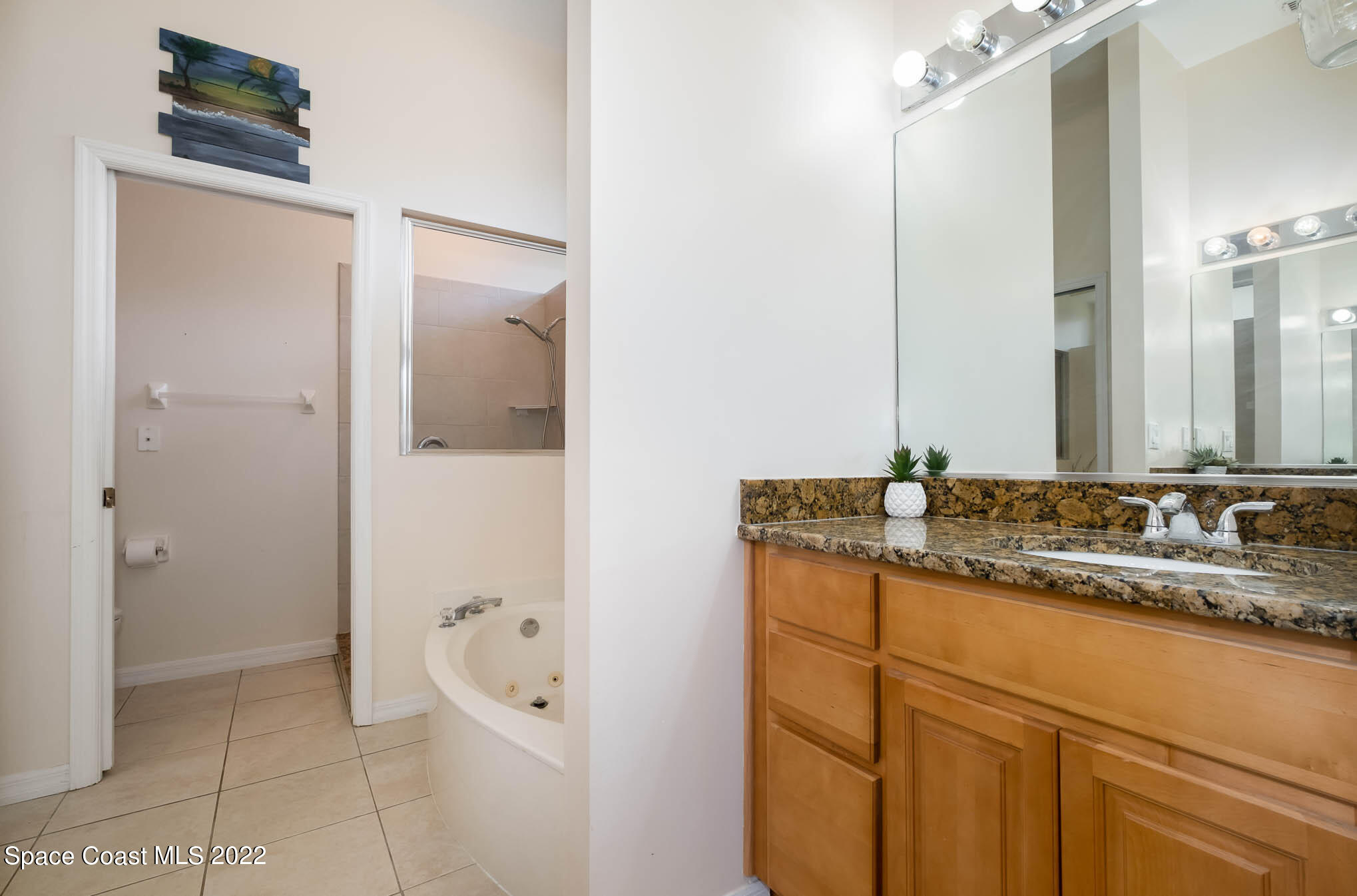 2364 Addington Circle Rockledge, FL 32955 - Photo 12 of 22 a bathroom with a granite countertop sink a toilet a mirror and shower
