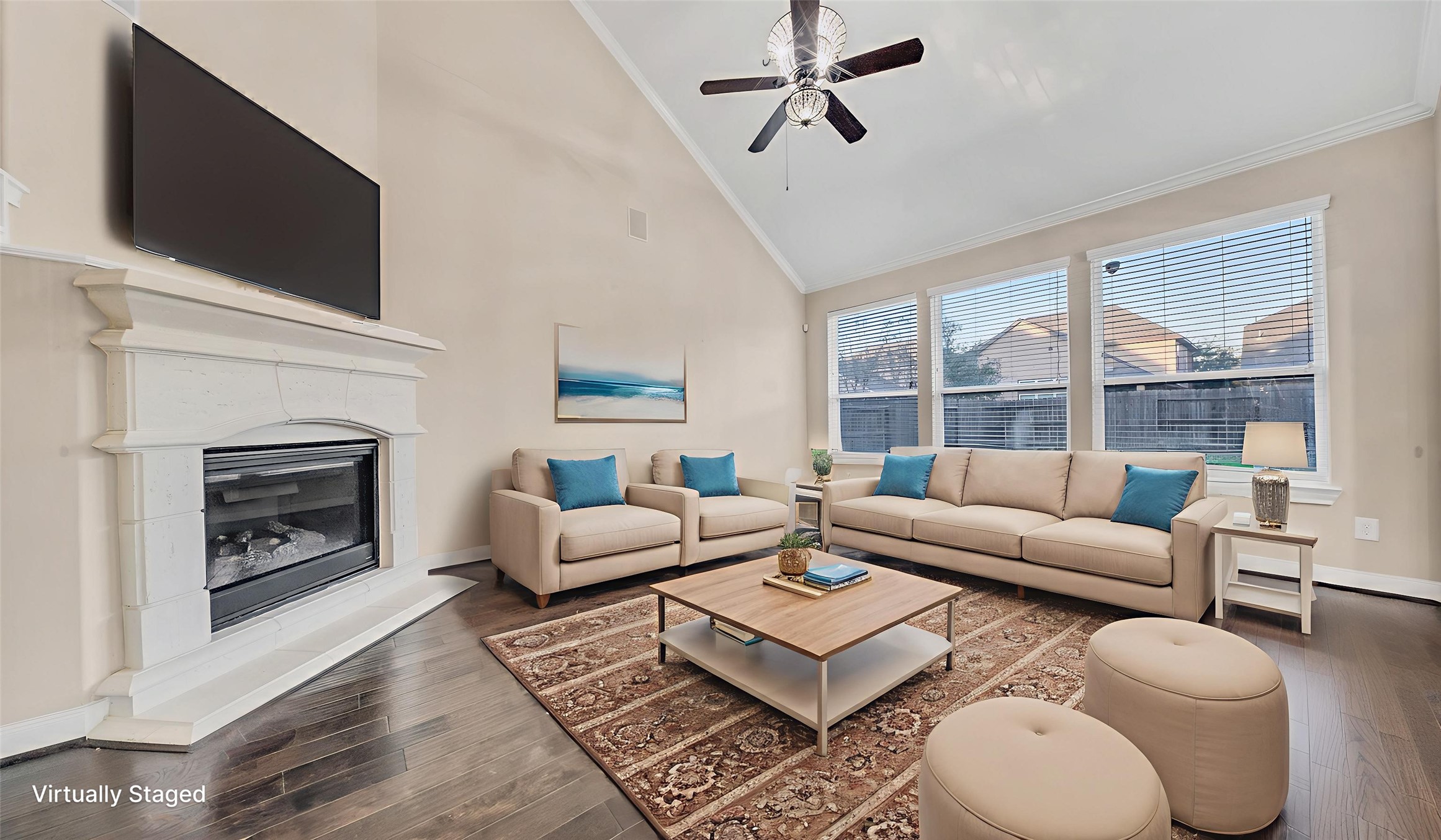 18118 Berry Garden Lane Spring, TX 77379 - Photo 8 of 45 Bright and spacious living room with a wall of windows, high ceilings, and a beautiful corner fireplace, virtually staged to highlight furniture layout.