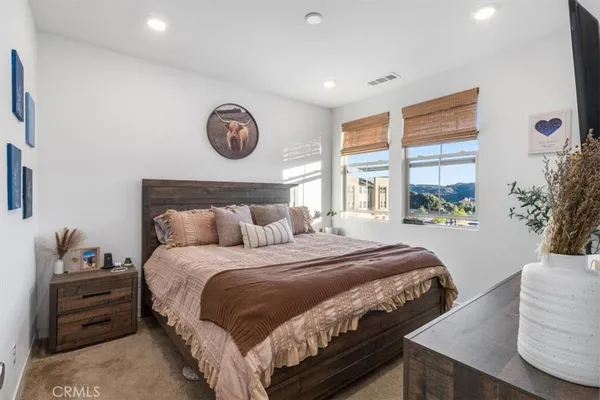 a bedroom with a large bed a flat tv screen and potted plant on the dresser