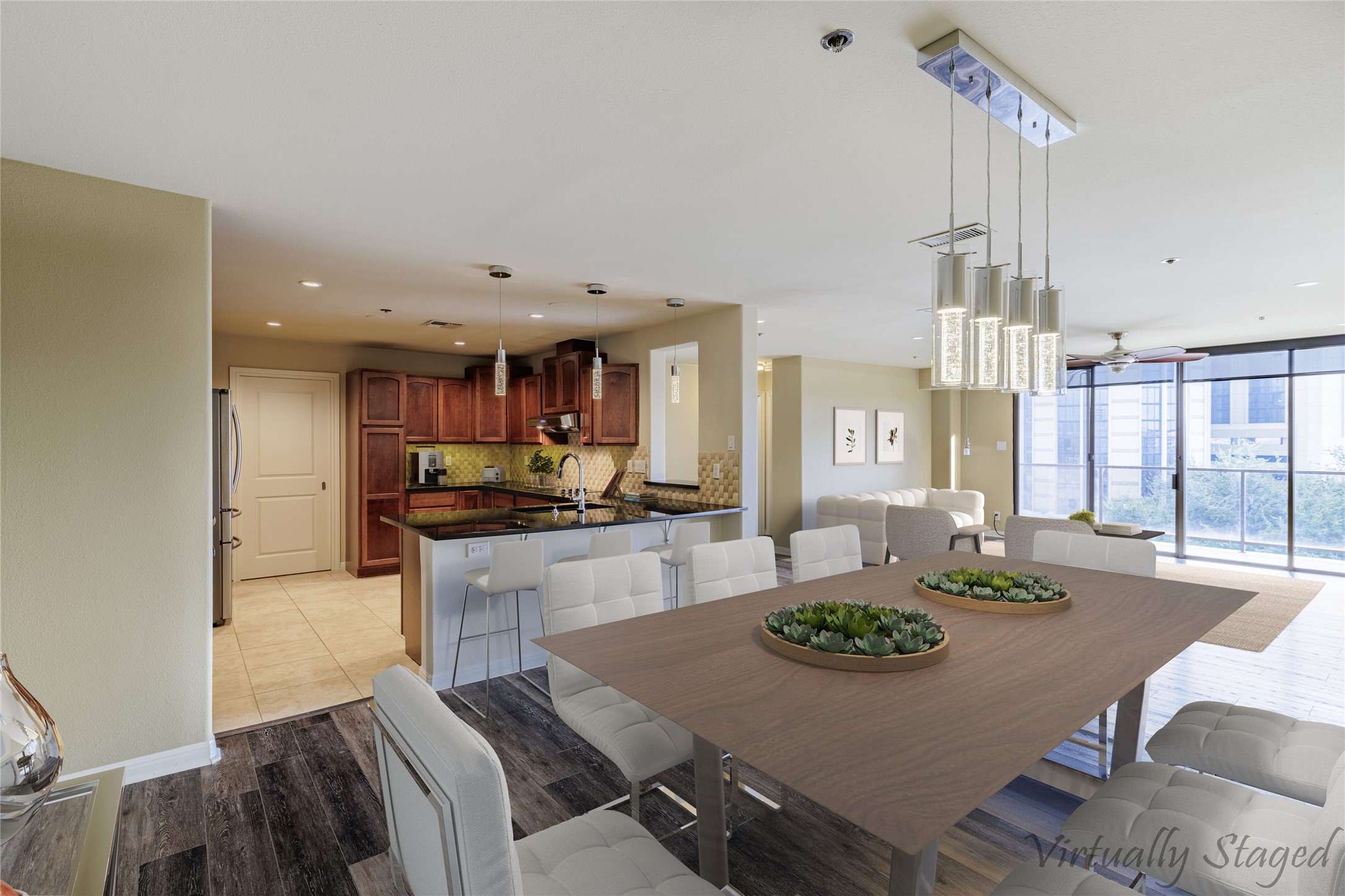 40 North Interstate Highway 35, Unit 6D3 Austin, TX 78701 - Photo 3 of 35 Dining room with light wood-style flooring, expansive windows, ceiling fan, and recessed lighting