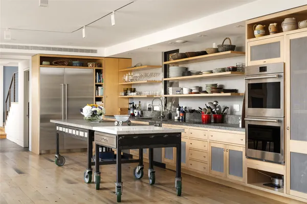 a kitchen with lots of counter top space